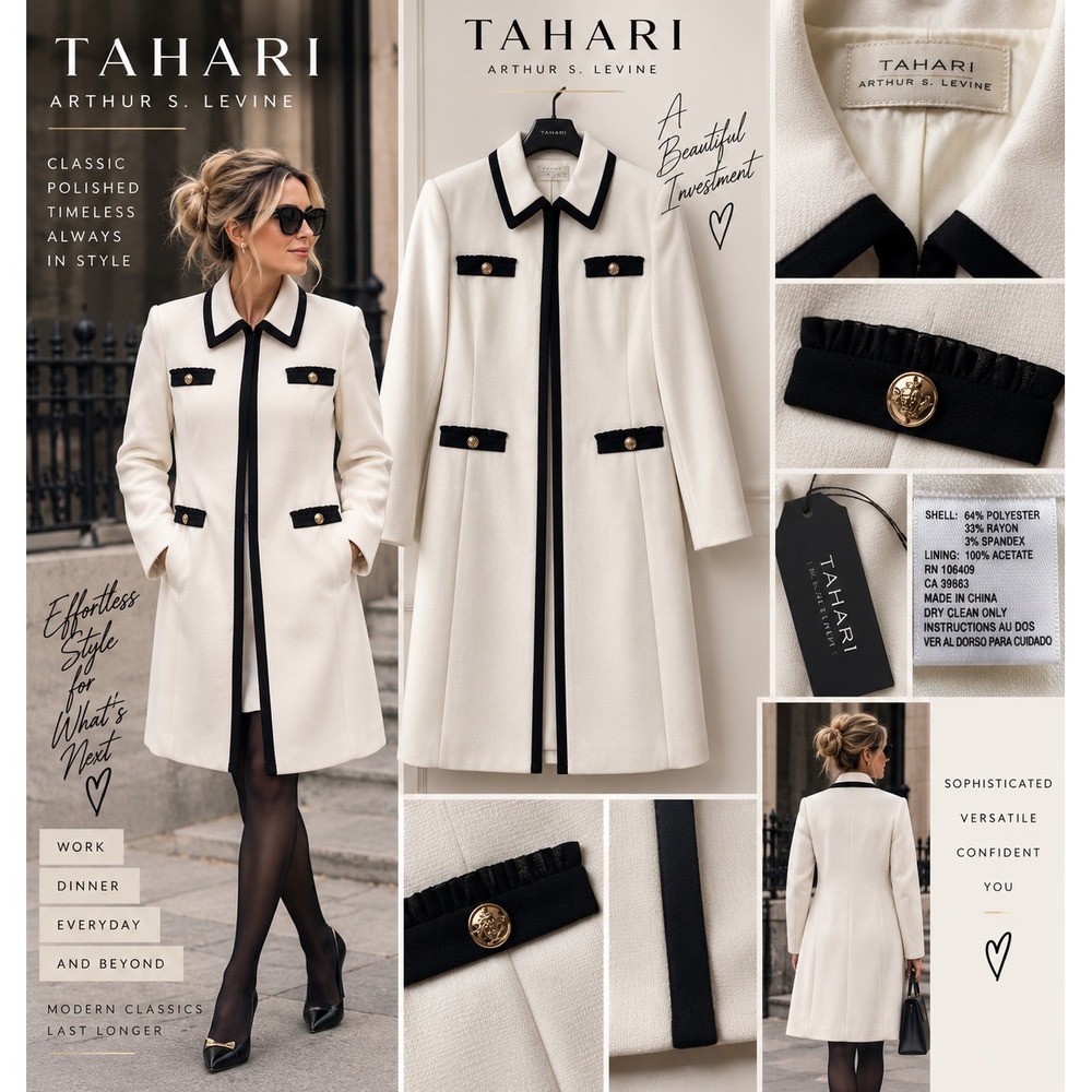 NWT Tahari Arthur S Levine Ivory Black Long Coat Gold Button Quiet Luxury